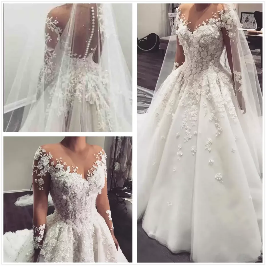Eleganckie koronkowe sukienki ślubne Arabic Sheer Long Rleeves Tiul Lace Applique Sweet pociąg ślubny suknie ślubne z guzikami BC3370