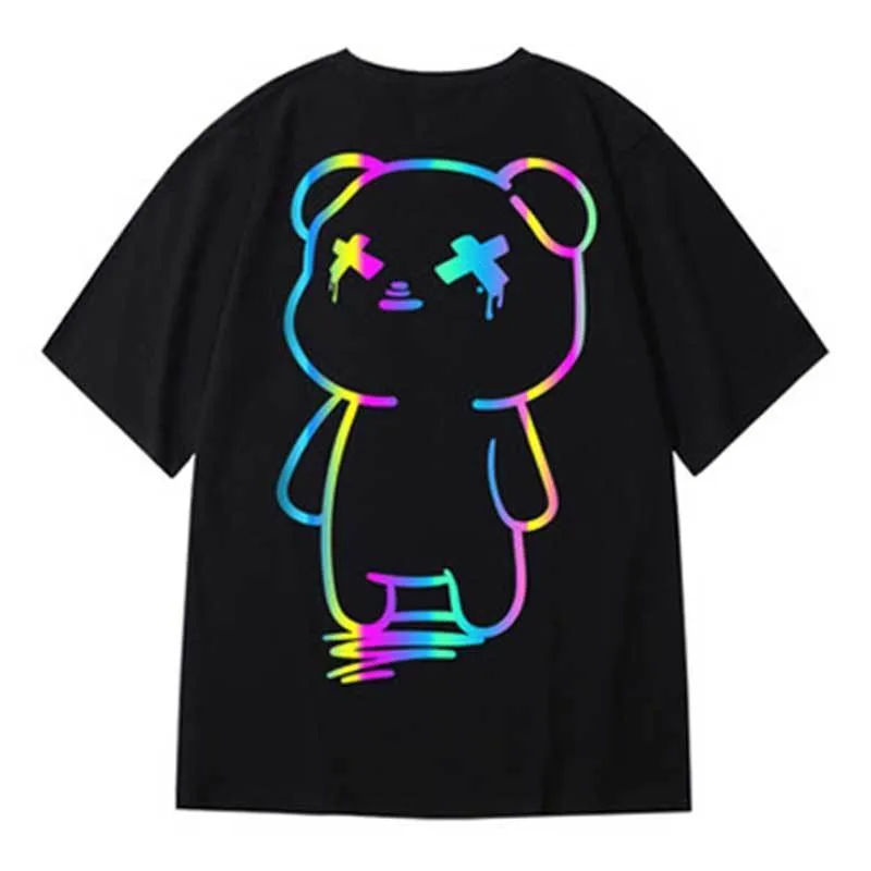 T-shirts voor heren overtollig t Shirts Cartoonbeerprint Reflecterende regenboog T-shirts Harajuku Streetwear Top Tees Katoen Casual Half Sleeve kleding 230131