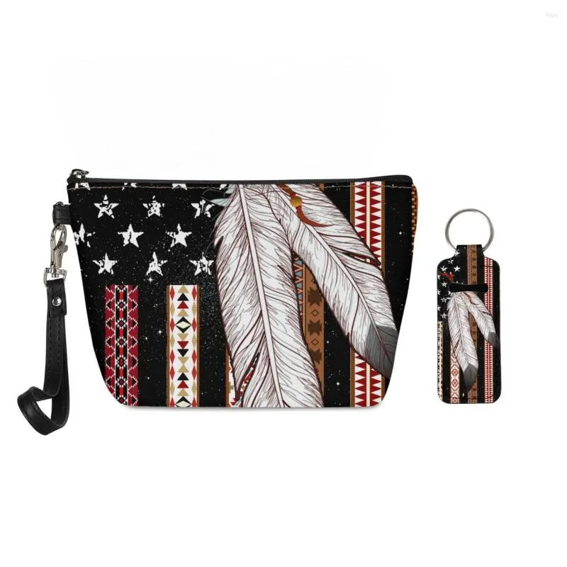 Cosmetic Bags Small Bag Keychain Chap Stick Pouch Flag And Feather Ethnic Tribal Print Ladies Zipper Travel Toiletry