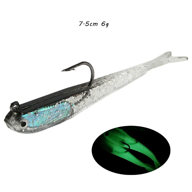 7,5 cm 6 g Bionic Fish Haken Weichköder Köder Köder Jigs Single Haken Grau / leuchtende Silikonfischgeräte 10 Stück / Los FS-1