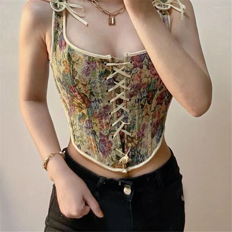 Damen Tanks Atopos Sexy Korsett Floral Crop Top Sommer Frauen Bandage Tank Camis Französisch Vintage Ärmellose Tube Tops Weste Weibliche Outfits