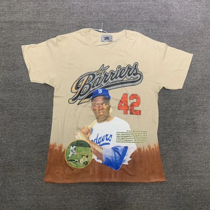 Barriers NY Jackie Robinson Tee 야구 캐릭터 반팔 티셔츠 타이 염료 남성과 여성 탑 여름 남자 빈티지 오버 사이즈 티셔츠 Streetwear Tee Youth Tees