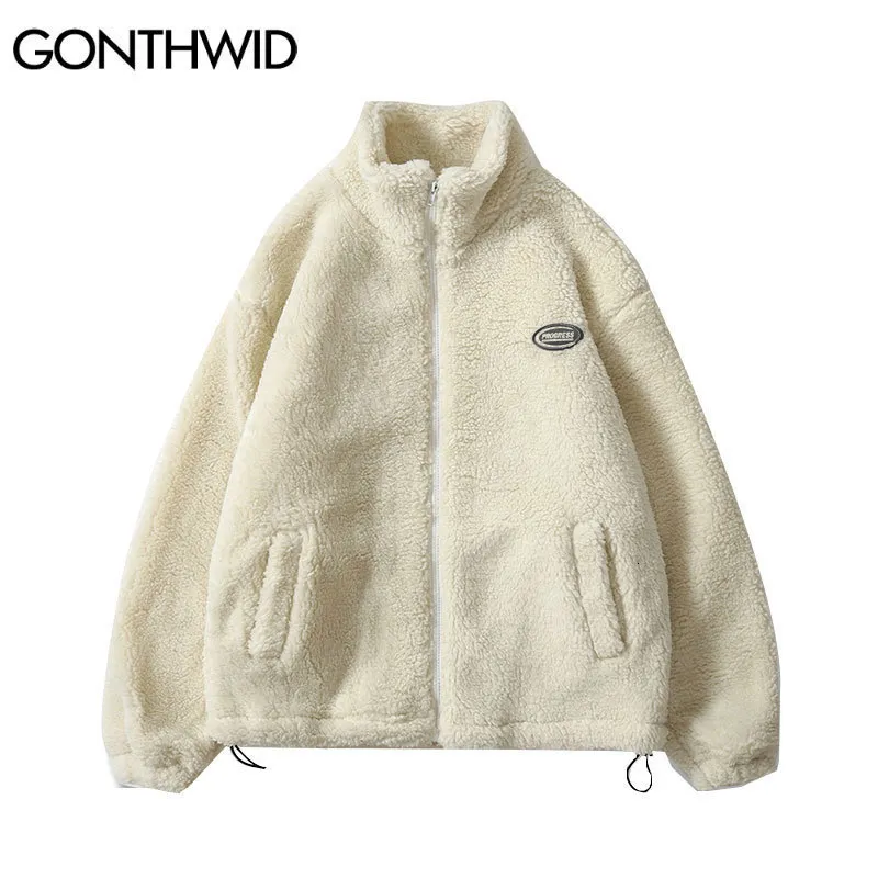 Herenjacks Hip Hop Winter Fleecy Fluffy Jacket Streetwear Harajuku Fuzzy Zipper Coat Men Men Autumn Solid Color Lichtgewicht Zwart Beige 230130