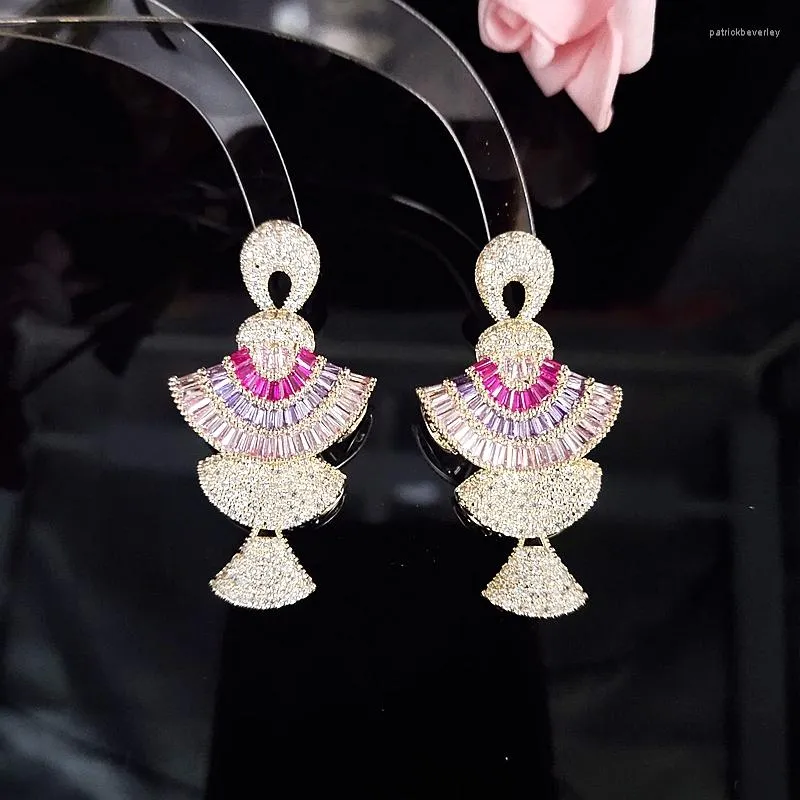 Dangle Earrings Color Zircon Small Skirt Three-Dimensional Gradient Pink Fan-Shaped Ear Hanging Party Women's Jewelry