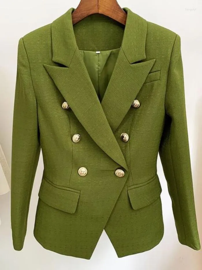 Kadın Suits 2023 Pist Tasarımcısı Blazer Kadınlar Klasik Aslan Düğmeleri Çift Kruvaze İnce Takım Dokulu Ceket Mavi