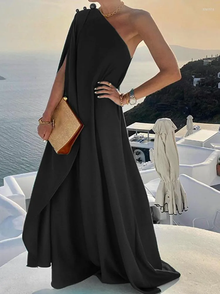 Casual Dresses Summer Elegant Women Button Solid Partyclub Maxi Dress Commute Patchwork Slit Loose Fashion Slash Neck Beach Long