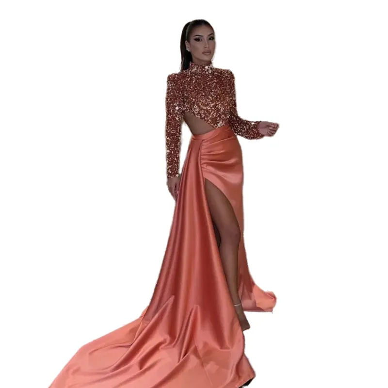Sexy High Slit Sheath Prom Dresses Sequined Satin... From Chicweddings,  $117.73 | DHgate.Com