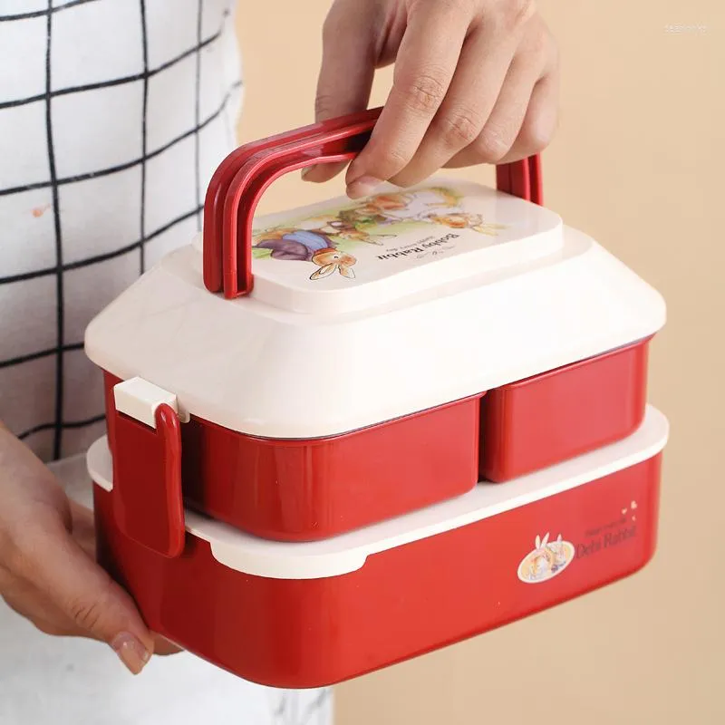 Set di stoviglie Simpatici contenitori per il pranzo per bambini Kawaii Doppia griglia Microonde ermetici Bento Office Contenitori per la colazione per bambini