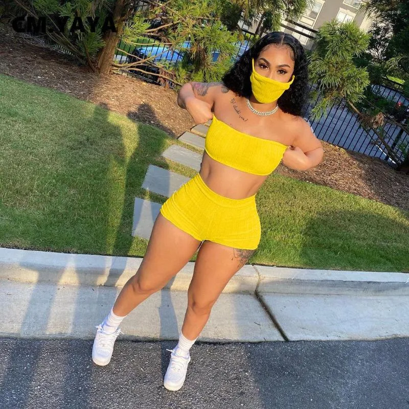 Women's Tracksuits Lemon Gina Women Set Solid Sleeveless Strapless Super-short Tops Sheath Elastic Shorts 2 Piece Sets With Mask Tracksuit