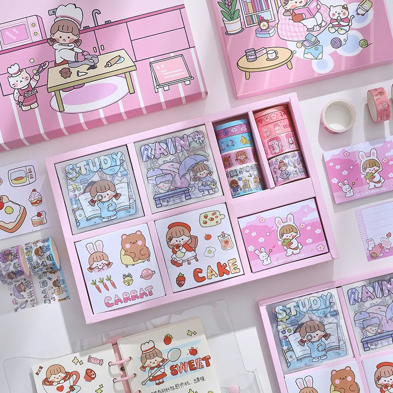50PCS/SET kawaii Stationery Kit washi Tape + Memo Pads + Stickers Cute  School Supplies Scrapbook