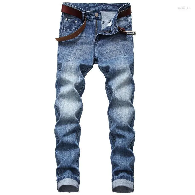 Männer Jeans Männer Casual Mode Einfarbig Distressed Gerade Slim-fit Zipper Placket Männlich Denim Hosen Naom22