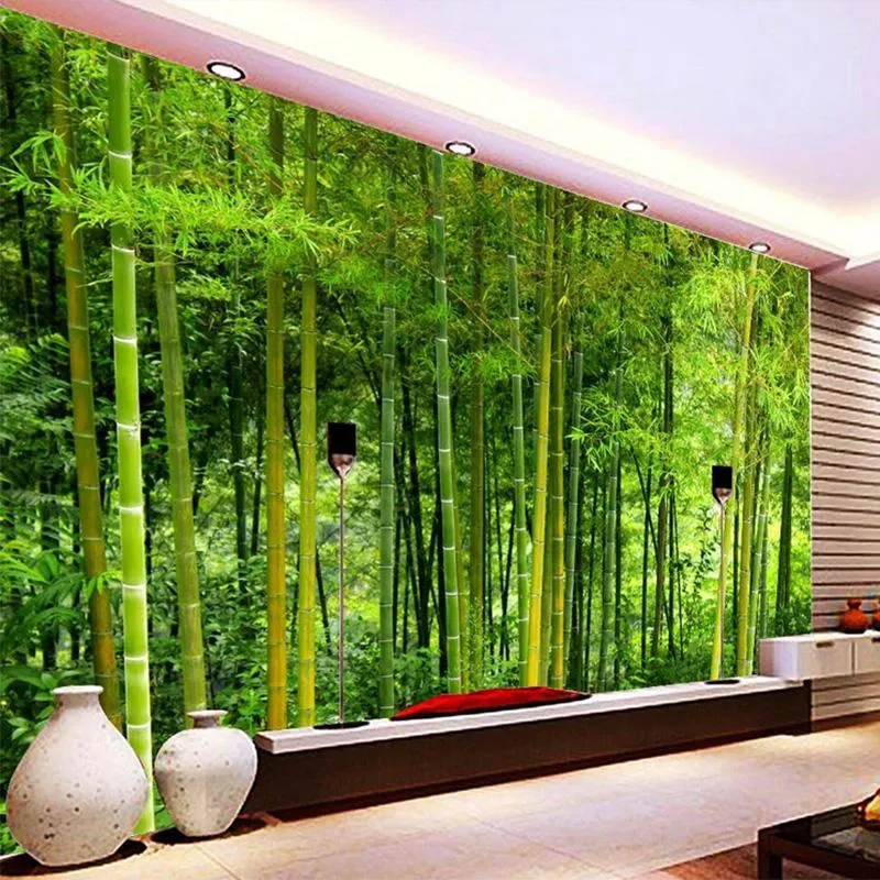 Tapety niestandardowe malowidła ścienne 3D nowoczesne zielone bambusowe leśne tapety na salon telewizja sofa