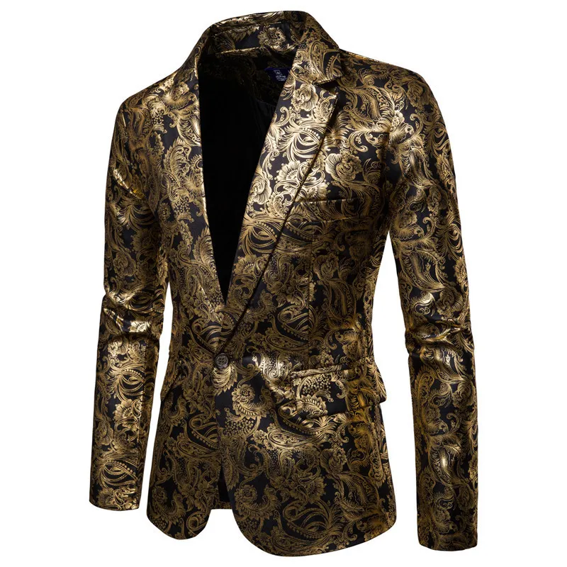 Men's Suits Blazers Men's Golden Floral Blazers Business Casual Suit Wedding Dress Gold Blazer 230130