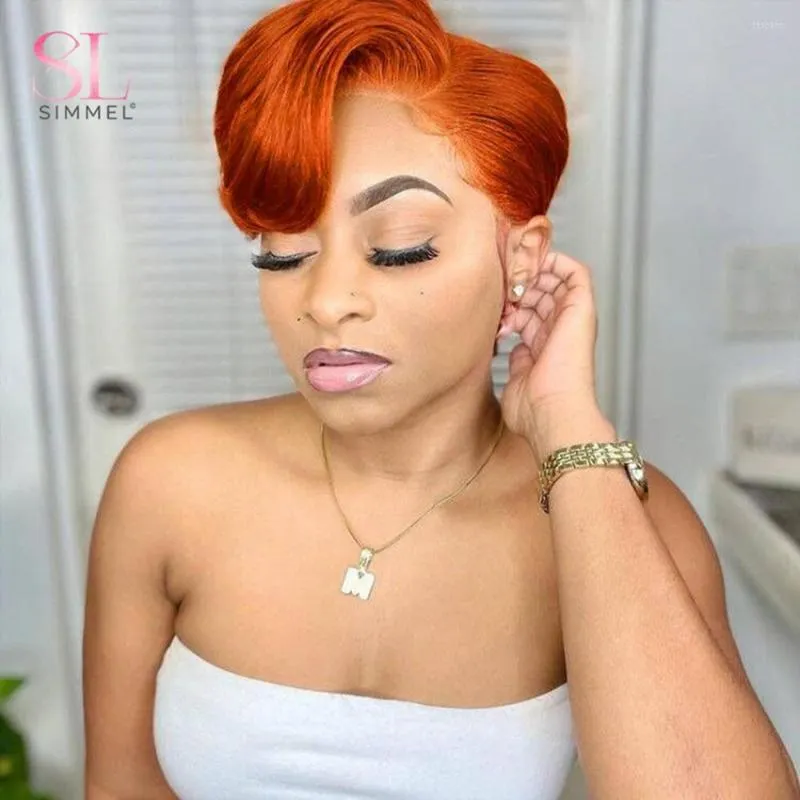 Perruque coupe lutin droite cheveux humains gingembre orange couleur perruques pour les femmes T partie dentelle transparente courte Bob307V