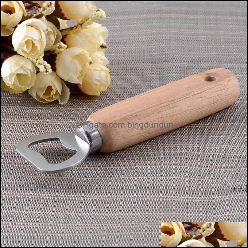 Openers Stainless Steel Wine Nonslip Wooden Handle Drink Beer Bottle Opener Portable Hanging Corkscrew Kitchen Bar Tool Paa9842 Drop Otgvn