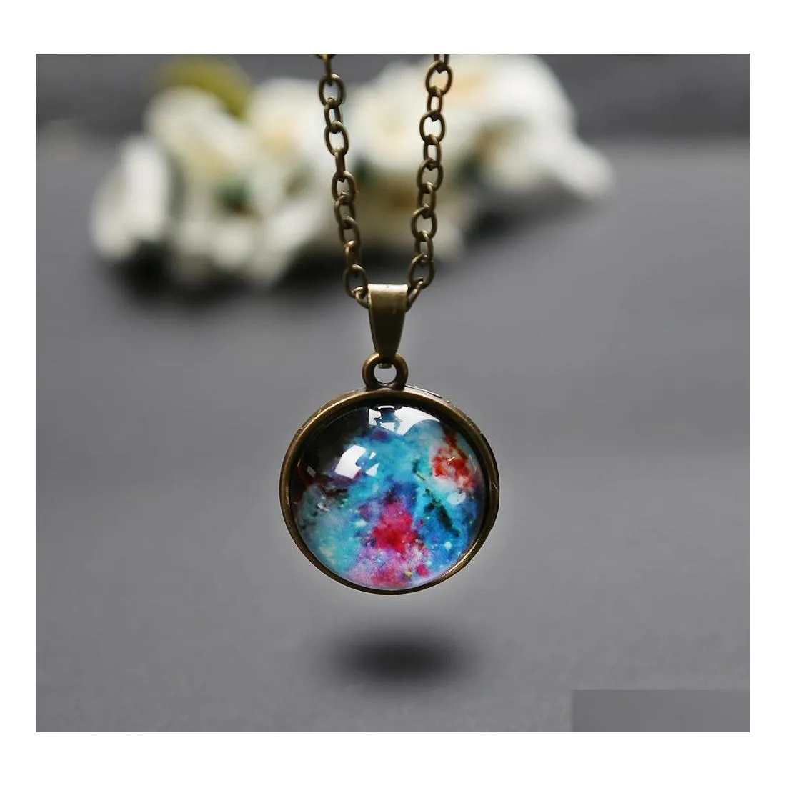 Pendant Necklaces Prettyuniverse For Women Vintage Solar System Galaxy Planet Double Sided Glass Necklace Ball Drop Delivery Jewelry Dhi1M