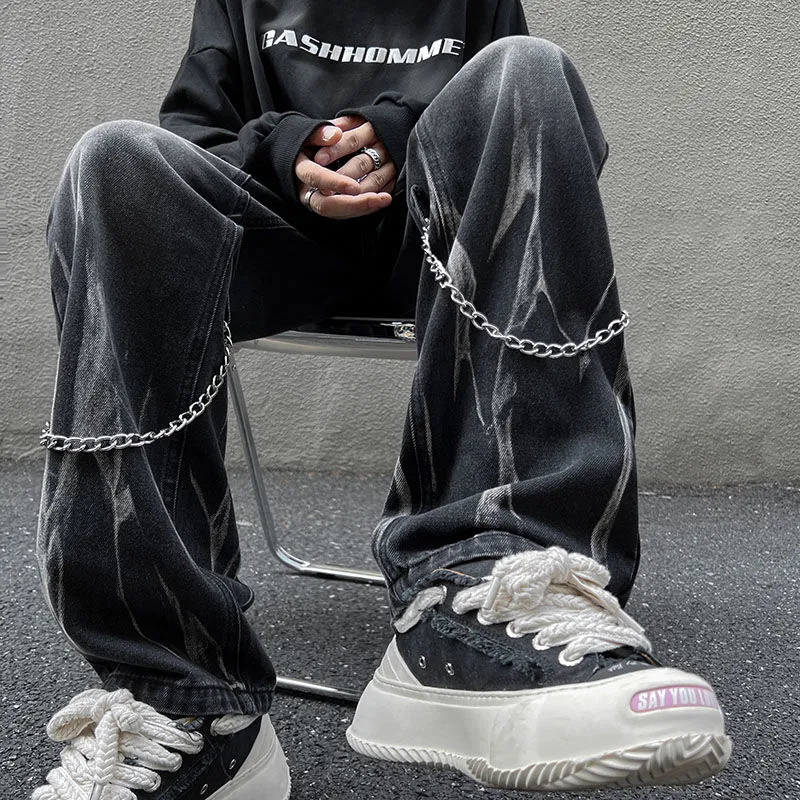 Men's Jeans DEEPTOWN Y2K Designer Men Punk Hip Hop Streetwear Denim Straight Pants Black Loose Casual Trousers Male Japanese Spring 230131