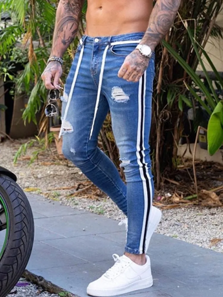 Men's Jeans Men Skinny Biker Destroyed Frayed Fit Denim Ripped Side Stripe Pencil Pants Hip Hop Streetwear S3XL 230131