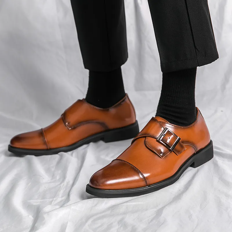 Pointed Toe Men Monk Shoes PU Solid Color Classic Fashion Buckle Simple All-match Comfortable Business Dress Shoes DH1046