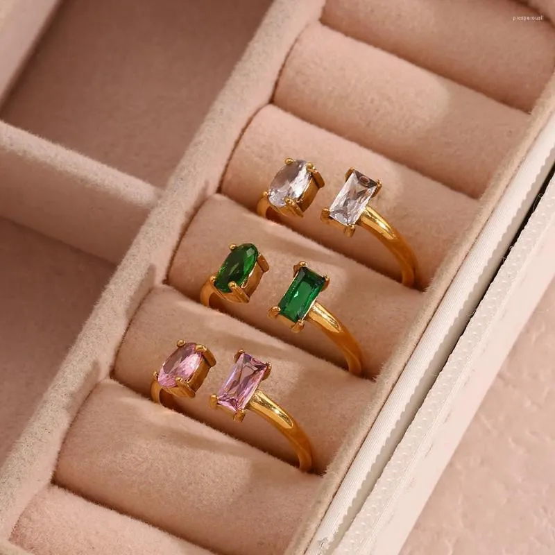 Cluster Rings Open Size Assymetrical Waterdrop Square Cubic Zirconia For Woman Minimal Shiny Green Pink Crystal Stainless Steel Ring