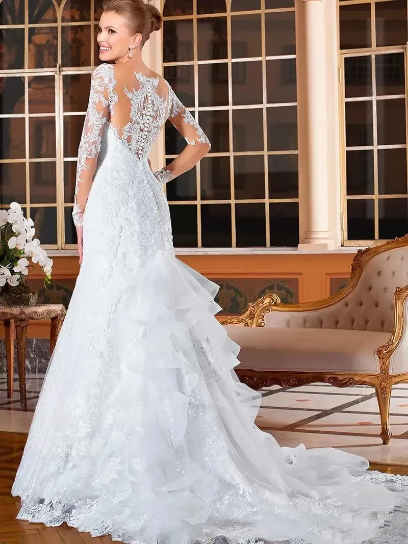 Vintage Slim Fishtail Wedding Dress With Appliqued Lace Long