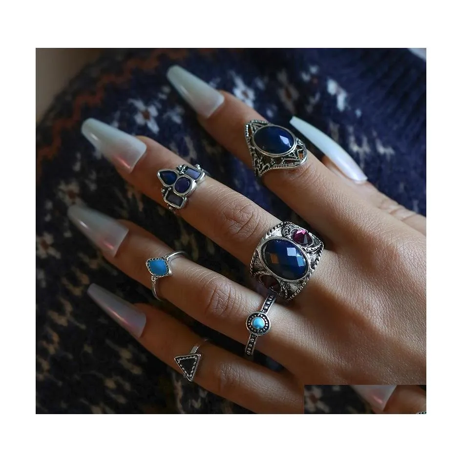 Band Rings Fashion Jewelry Knuckle Ring Set Geometric Black Resin Rhinestone Vintage Stacking 6Pcs/Set Drop Delivery Dhrrn