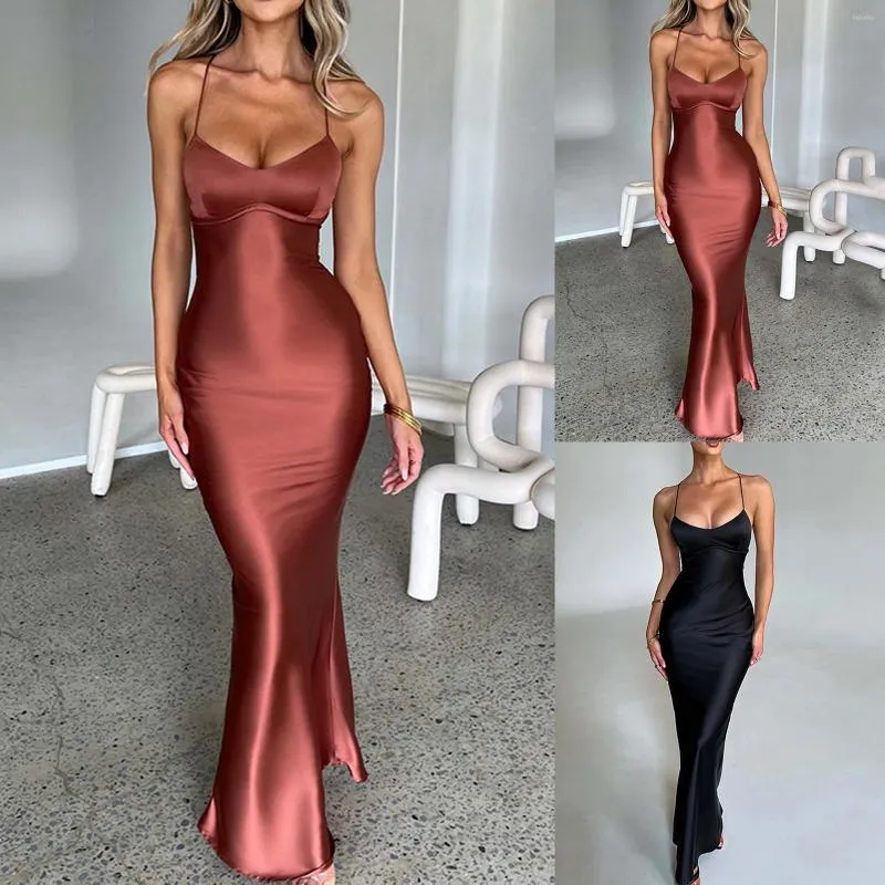 Lässige Kleider Mutter der Braut Damen Sexy Straps-Satin-Kleid Herbst rückenfreier Riemen Taillenlänge Sommer für Frauen