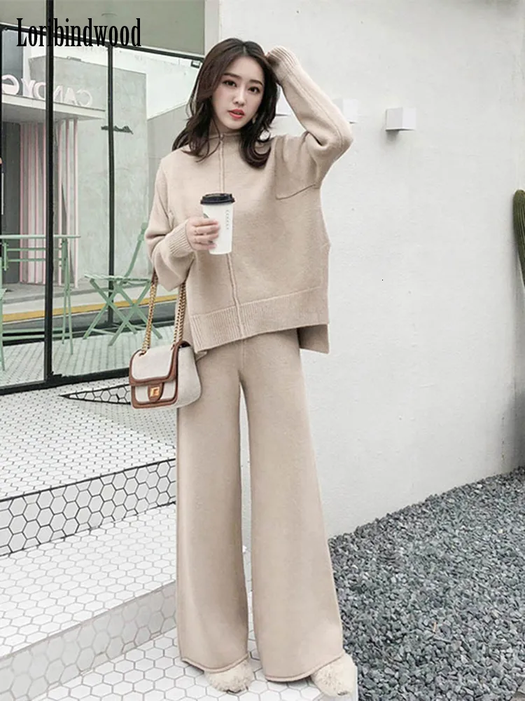 TRABALHOS Femininos Loribindwood Sweater Sweater Wide Pants Terno para mulheres Autumnwinter Korean Loose Fashion TwoPiece Set 230131