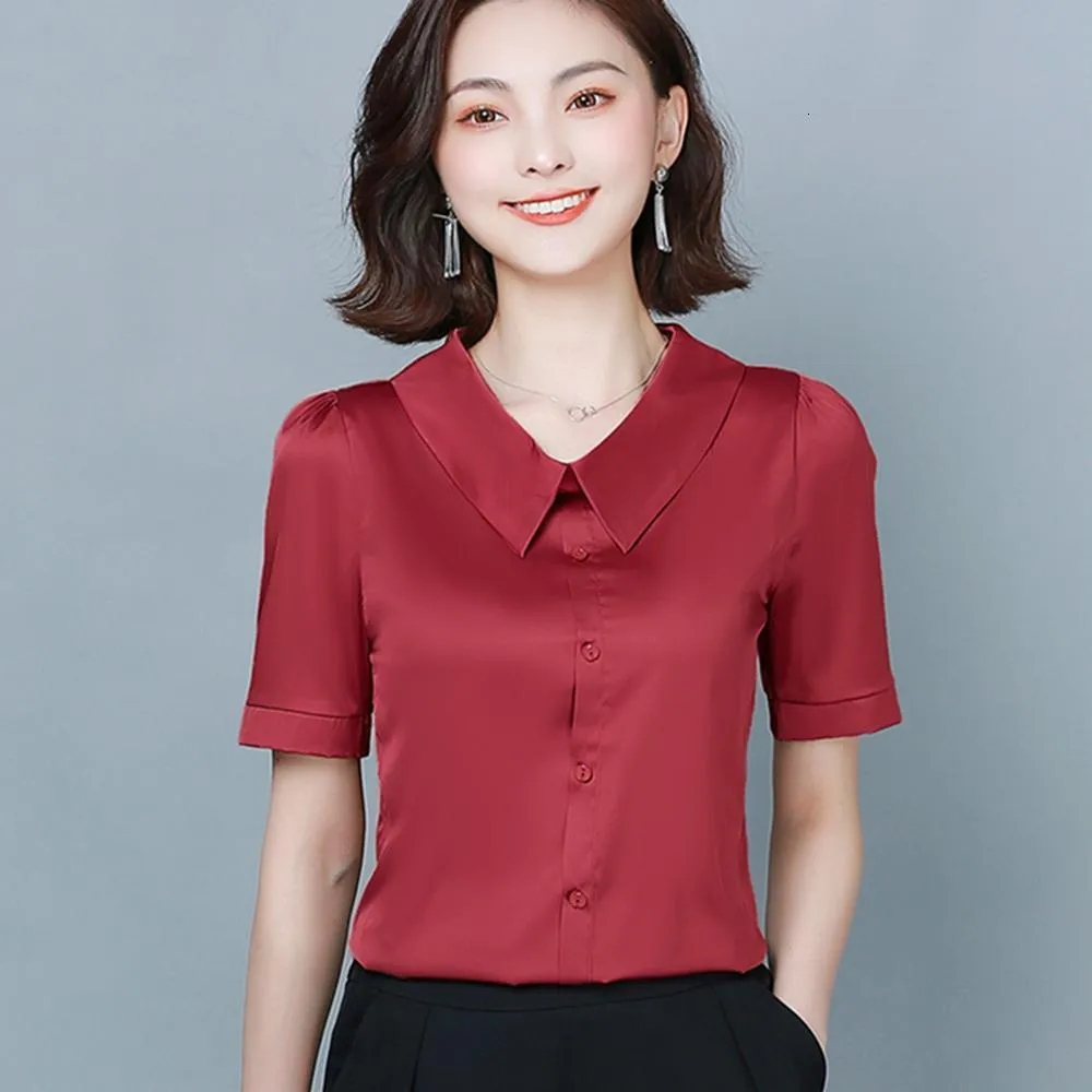 T-shirt femme bureau d'été dames chemise de travail femmes manches courtes tempérament satin soie blouse tops élégant femme basique fête 230131