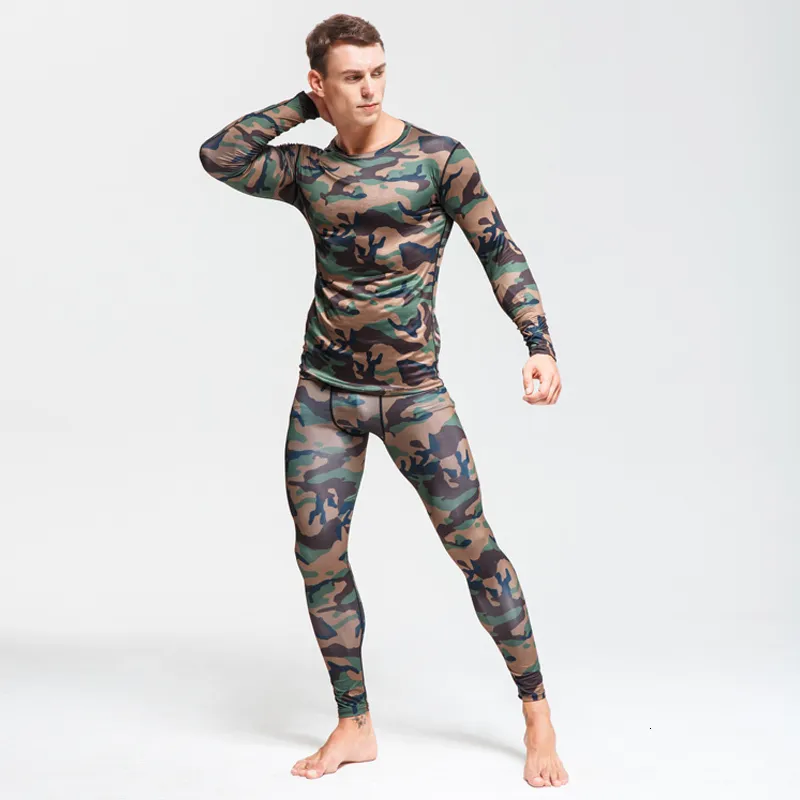 Men's Thermal Underwear tshirts men camouflage thermal tracksuit underwear MMA rash guard compression set long sleeve crossfit 230131