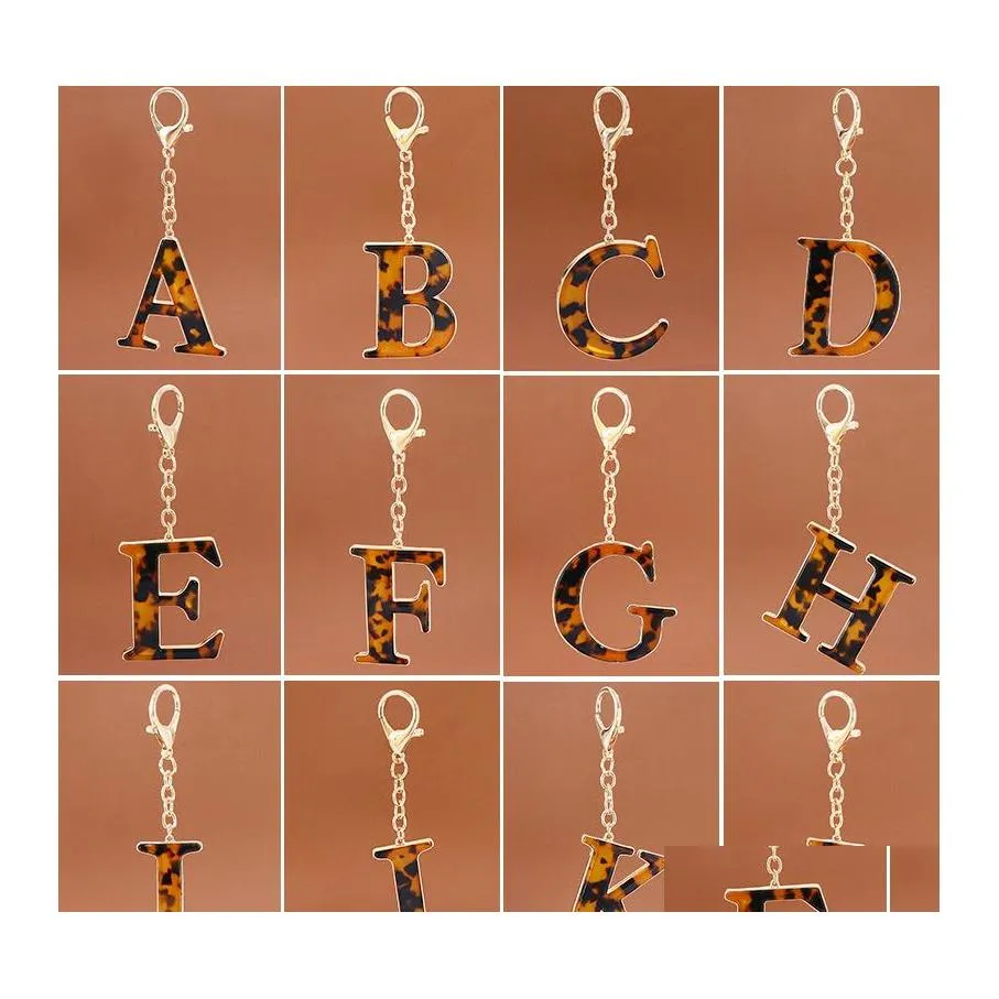 Keychains Lanyards Leopard AZ Keychain 개인화 된 편지 펜던트 키링 패션 아크릴 26 알파벳 키 체인 홀더 Charm Ba DHVBP