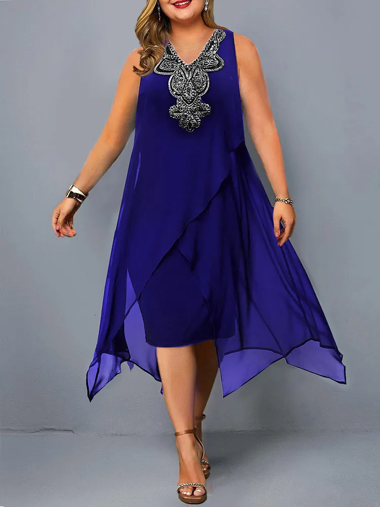 Sukienki plus size kobiety eleganckie hafty wieczorne impreza letnie niebieskie siatki bez rękawów.