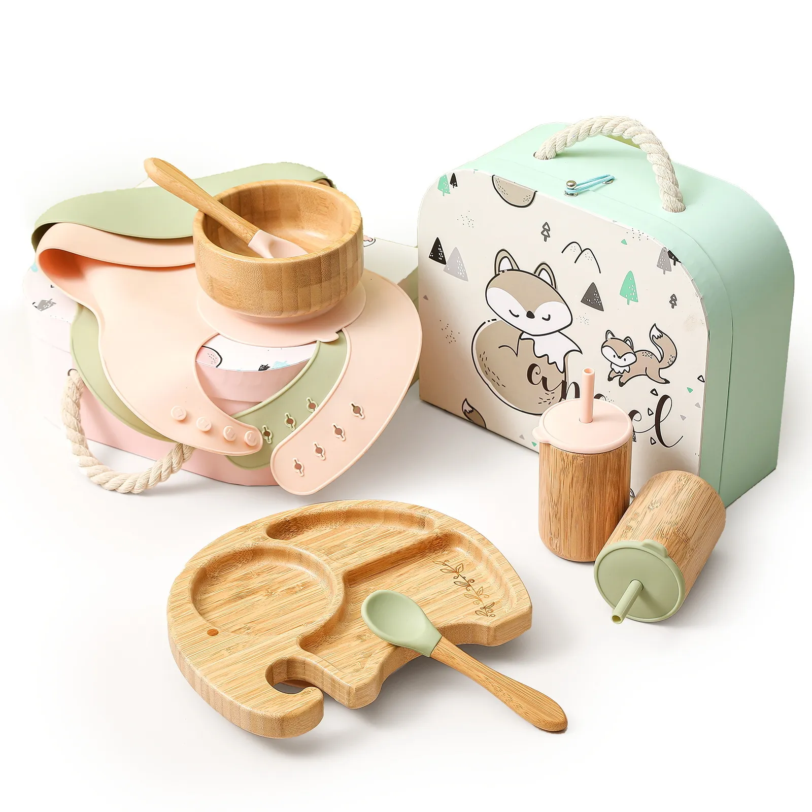 Cups Dishes Utensils Baby Bowl Set Tableware Fashionable Soft Silicone Food Bib Straw Cup Children's Wooden Bowl Wooden elephant plate Self-feeding 230130