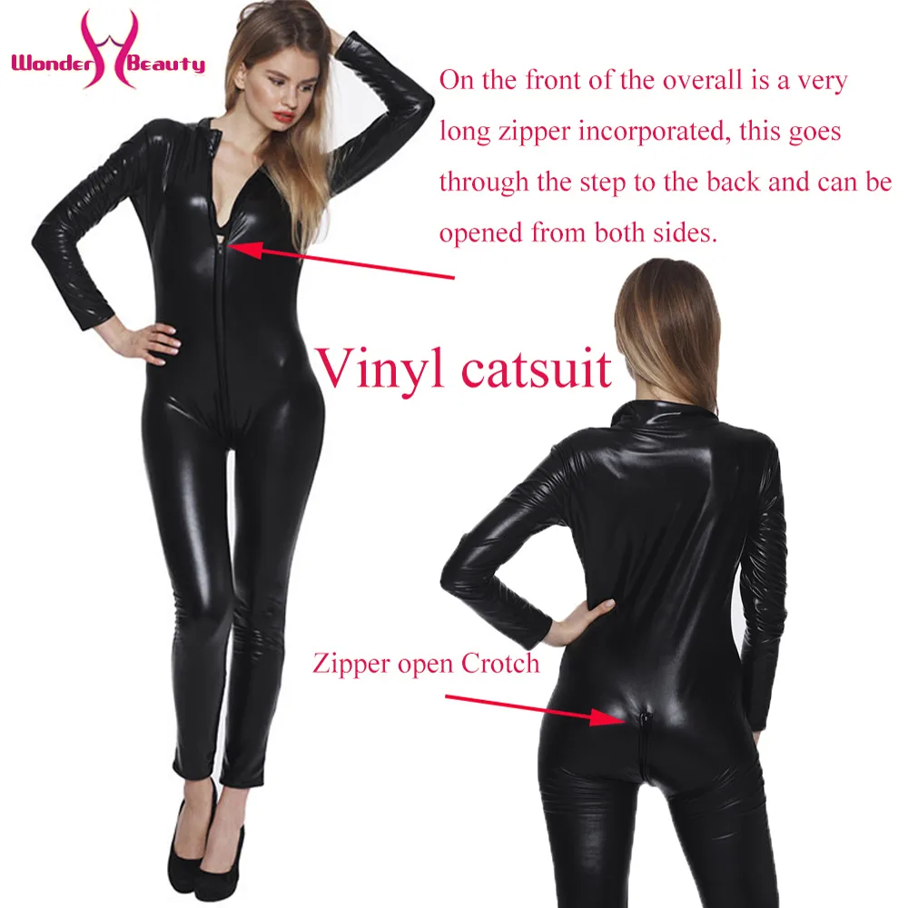 Long Sleeve Wetlook Faux Leather Jumpsuit Open Crotch Zipper PVC Catsuit Latex Fetish Wear Catwomen Halloween Costume (13)