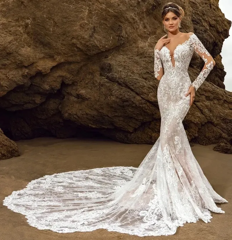 Luxury Boho Lace Mermaid Wedding Dresses Long Sleeves Applique Beach Chaple Train Bride Gowns Sexy Illusion Bridal Dress Vestido De Novia