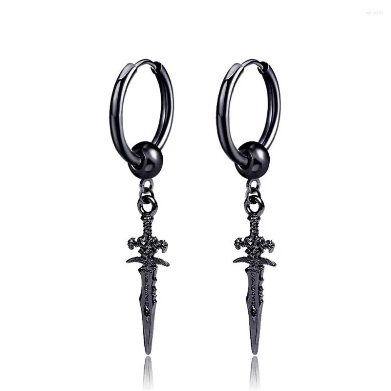 Boucles d'oreilles créoles Vintage noir en acier inoxydable croix épée pendentifs hommes femmes Punk Hip Hop bijoux accessoires en gros