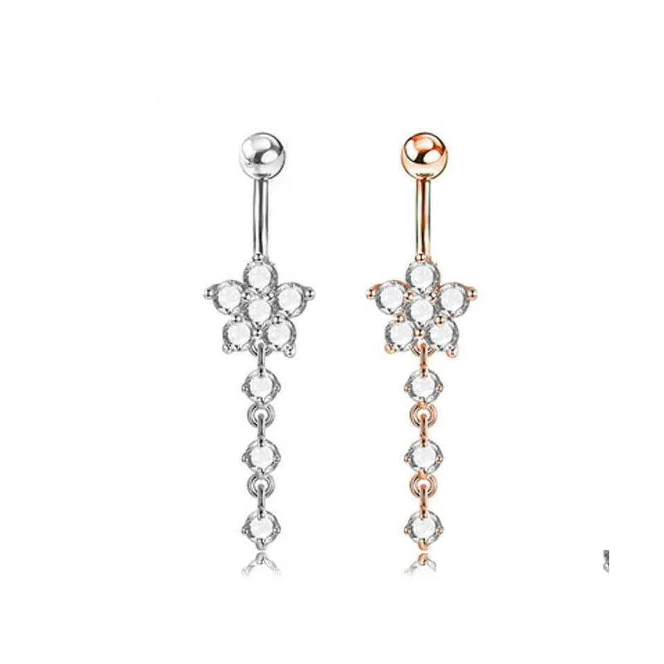 Navel Bell Button Rings 316L Stainless Steel Crystal Heart Butterfly Long Tassel Bars Belly Ring Piercing Jewelry 301C3 Drop Delive Dhncn