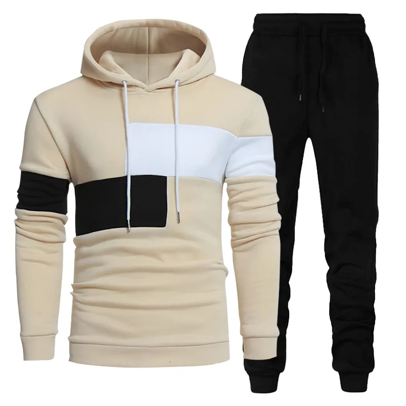 Herrspåriga höstvinter 2 -stycken Set Patchwork Hoodies Pants Sports Casual Fashion Sweatshirt Trousers Oversize Male Tracksuit 230131