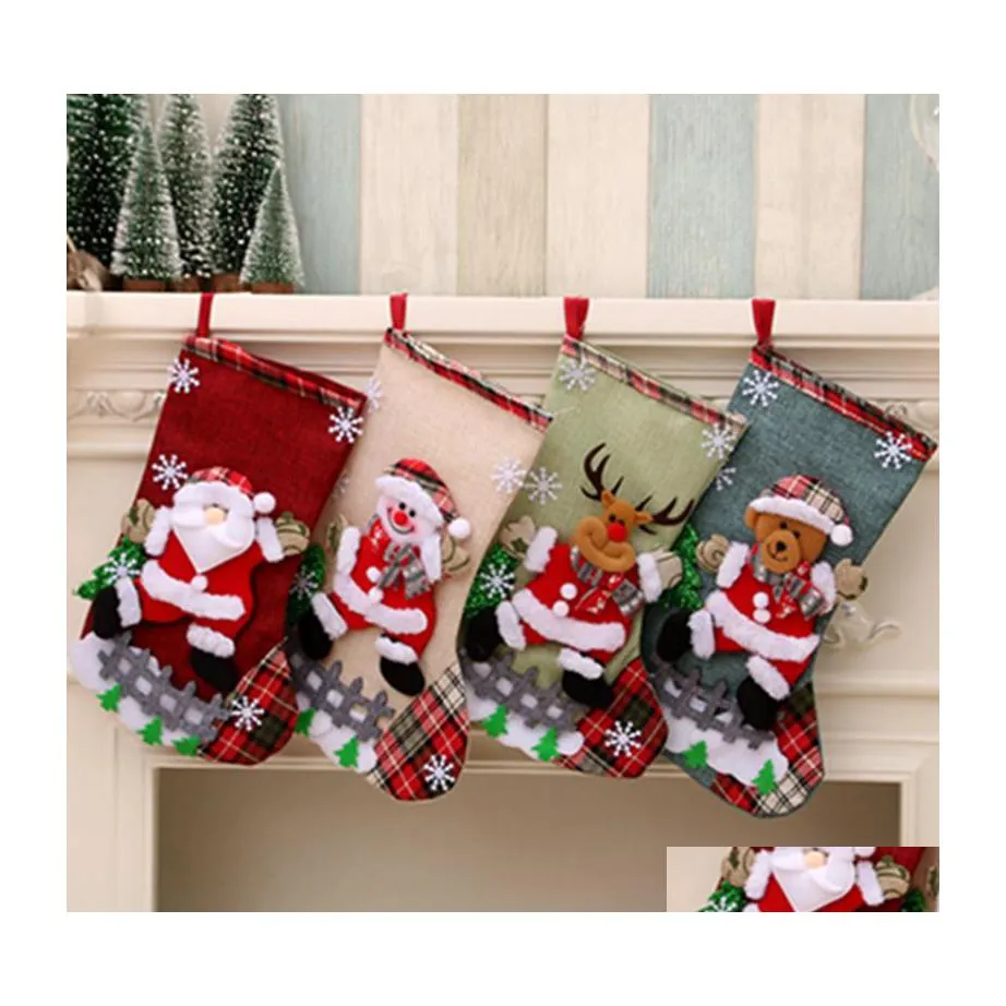 Kerstdecoraties Boom Kous Elk Bear Snowman Patroon Santa Claus Gift Candy Sock Bag Hanger Kerstmis Decoratiebomen Hangen S DHVMT