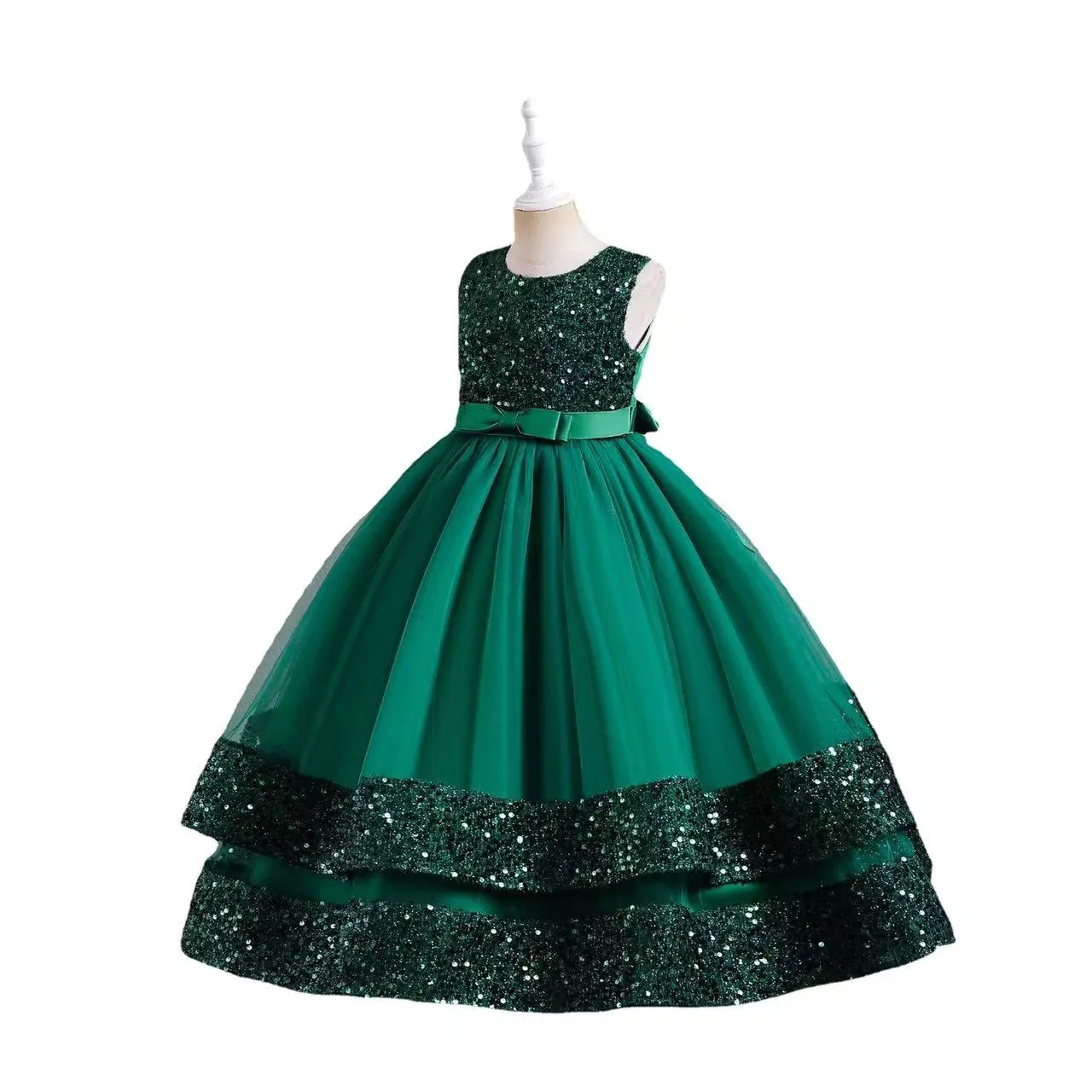 Green flower girl dress with Appliqued Beading, Long Sleeves, Ruffle Tiered, Sweep Train, and Crystal Sequins - Perfect for Pageants, Birthdays, or