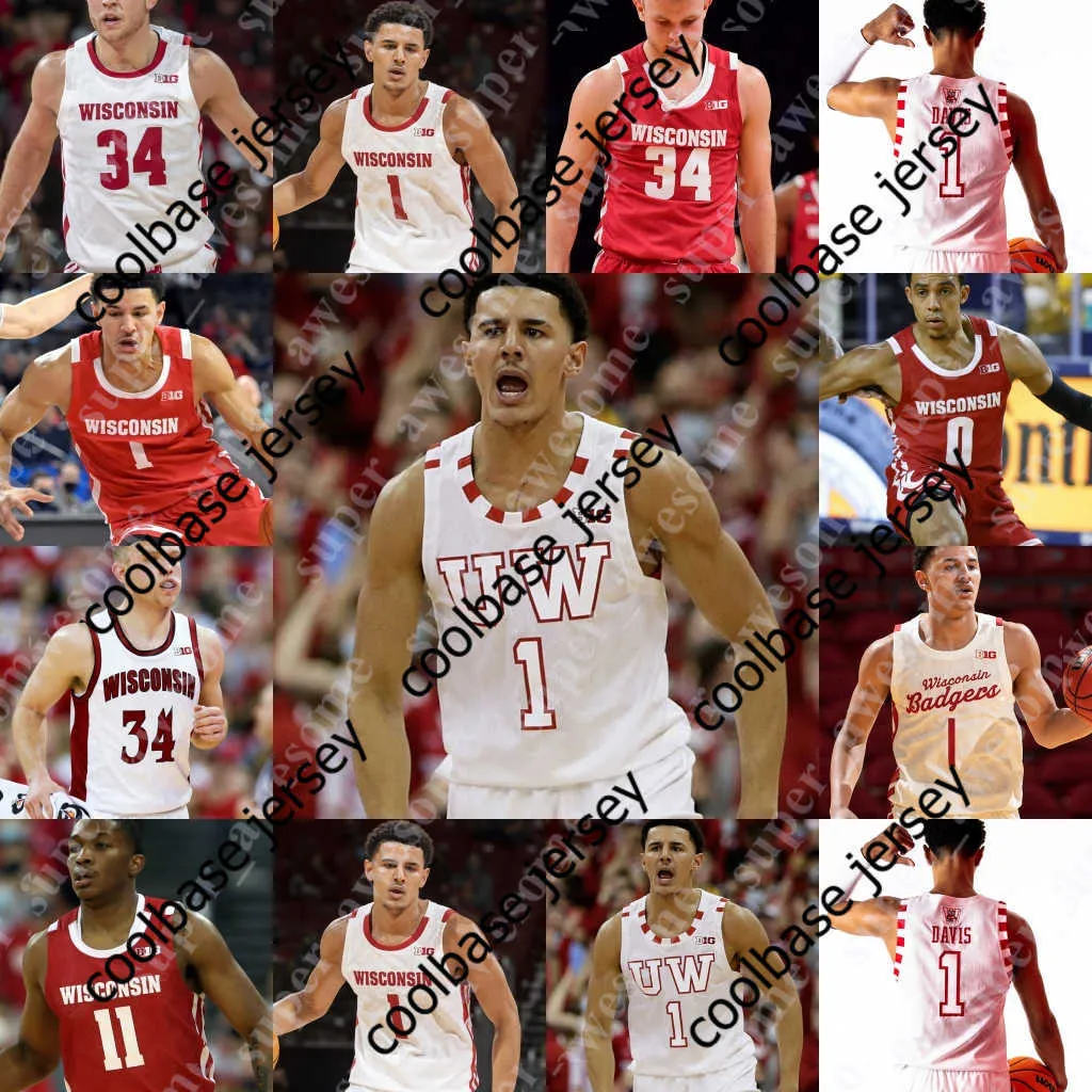 Jerseys de basquete NCAA Wisconsin Badgers Basketball Jersey Tyler Wahl Chucky Hepburn Steven Crowl 2 Davis Connor Essegian Max Klesmit