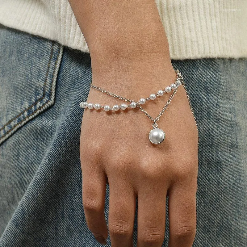 Link Bracelets Fashion Double Pearl Pendant Bracelet For Women Delicate Elegant Jewellery Hip Hop Party Girl 2023 Jewelry