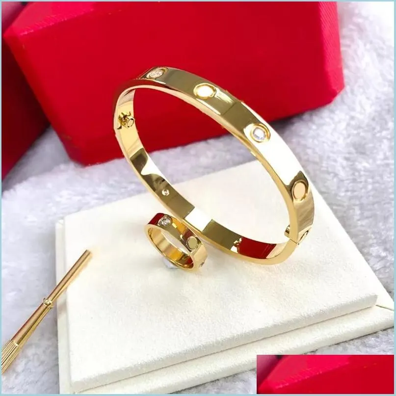 Bangle Stainless Steel Gold Bracelets Sier Rose Love Bangles Women Men Screw Bracelet Couple Classic Diamonds Accessories Designer W Dhxpc