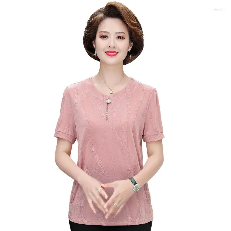 Kvinnors T-skjortor Pullover Lace T-shirt Kvinnors solida kortärmad topp Summer Clothies 2023 medelålders mor 3xl 4xl 5xl stickad