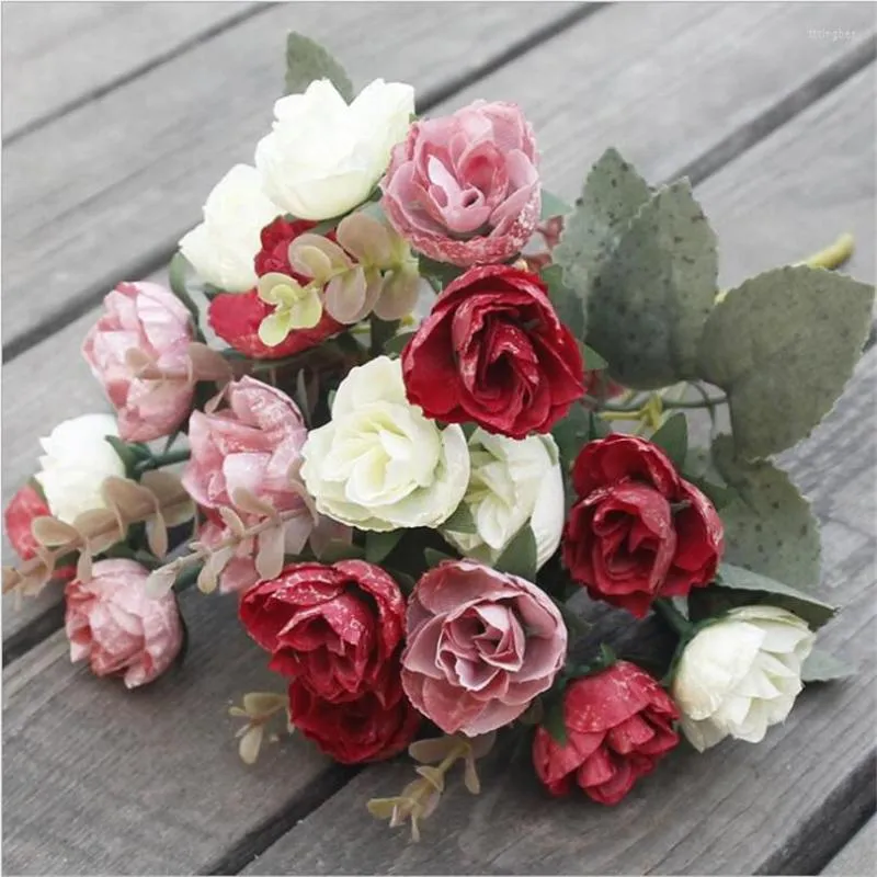 Decorative Flowers 10pcs Artificial Rose Bunch 21 Heads Roses Simulated Oil Painting Effect Red/pink/cream/burgundy/purple