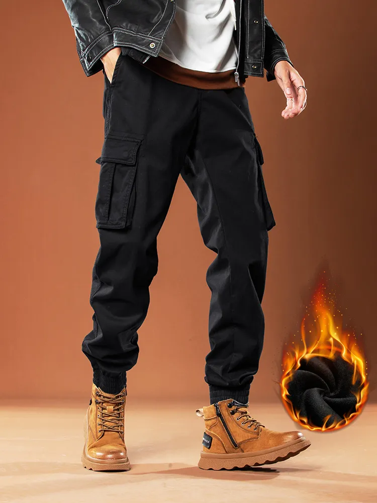 Men's Pants Winter MultiPockets Cargo Men Thick Fleece Liner Warm Joggers Male Streetwear Casual Cotton Thermal Trousers 230131