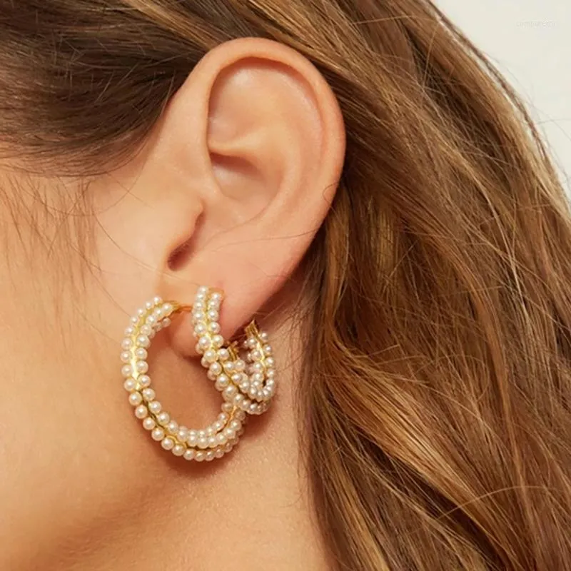 Boucles d'oreilles créoles à la mode corée géométrique ronde pour les femmes mode imiter perle cercle C forme couleur or gros bijoux cadeaux