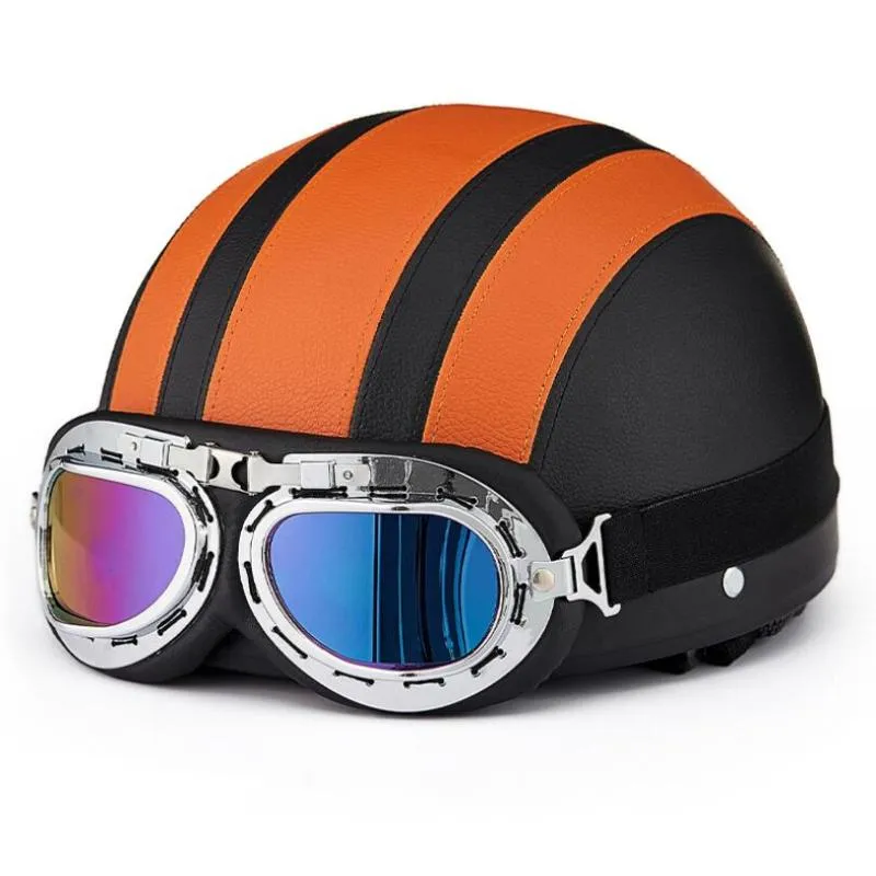 Motorradhelme Roller Open Face Halblederhelm mit Visier UV-Schutzbrille Retro Vintage-Stil 55-60 cm