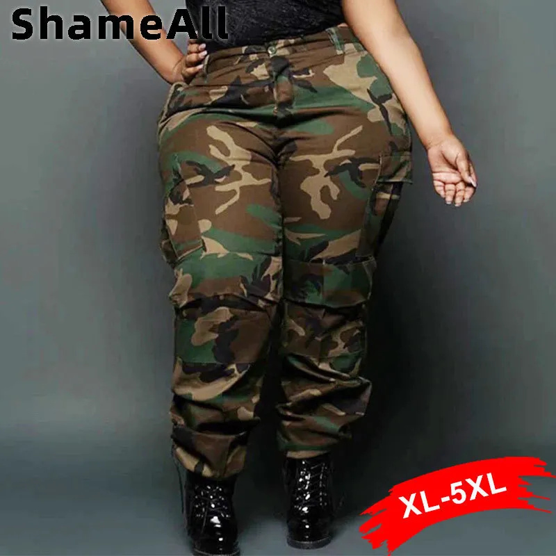 Calça Feminina Plus Size Streetwear Camuflada Estampada Carga 5XL Outono Vários Bolsos Grandes Cintura Alta Solta Perna Larga Calça Corredora Longa 230131