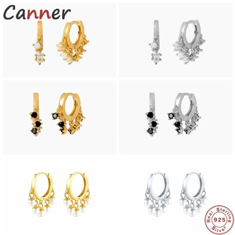 Hoop Earrings Real 925 Sterling Silver Geometric White/Black CZ Piercing For Women Round Small INS Ear Jewelry & Huggie